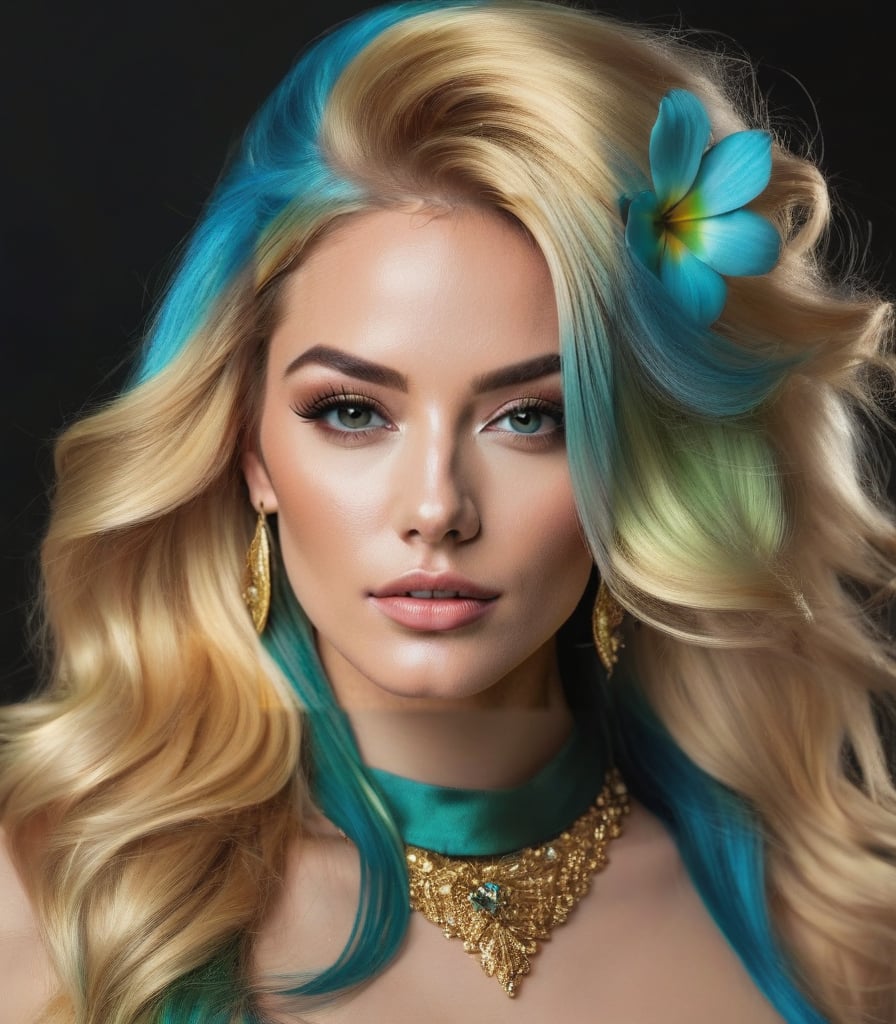 Generate hyper realistic image of a woman with long golden shiny hair cascading over one eye, her piercing green and golden eyes locked onto the viewer. showcasing her elegant red nail polish. Her hair is styled with a flower, complemented by earrings and a necklace. Streaks of azure blue and glittering green  adorn her hair, adding a unique flair. Fishnet stockings and a tattoo peek out. Look at her whole Body from the Front.