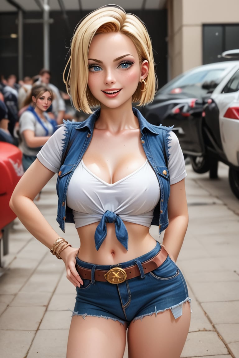 Android 18 stands at approximately 1.65 meters tall, his slender and athletic figure a testament to his strength and agility. His skin is clear and smooth, without imperfections, which gives him an almost ethereal air. Her blonde hair, cut in a sleek, sleek bob, frames her face precisely, highlighting her serene and enigmatic countenance.

Her eyes are a deep blue, penetrating and full of determination, capable of intimidating and captivating at the same time. Her face is delicate but strong, with high cheekbones and rosy lips that rarely show a smile, but when they do, she is both charming and mysterious.

Android 18 wears a long-sleeved white t-shirt under a blue vest, which fits perfectly to her torso, highlighting her firm bust and narrow waist. Her breasts, round and perfect, stand out under the tight fabric, suggesting a firmness that attracts attention and awakens desires. The fabric of the shirt is so tight that it subtly shows the mark on her nipples, adding a provocative touch to her appearance.

She completes her outfit with a dark blue denim skirt that falls just above her thighs, allowing a provocative view of her toned and well-defined legs. The skirt hugs her hips, accentuating every curve with precision and revealing her athletic figure.

She wears black stockings that fit her long, slender legs, adding a touch of sensuality to her appearance. On her feet, she wears sturdy black boots that give her the look of a modern warrior, ready for any challenge that comes her way, but also add a touch of toughness to her sex appeal.

The detail of her black gloves adds a touch of ruggedness to her look, while a brown belt around her waist provides a subtle but effective contrast to her ensemble. The combination of her clothing is not only functional, but also highlights her status as a powerful and elegant android of hers.

In short, Android 18 in real life would be a combination of strength and beauty, with an undeniable touch of sensuality. Her meticulously detailed appearance reflects both her relentless nature and her innate grace, creating an imposing and captivating presence. Every detail of her clothing and her physique highlights her attractiveness, making her an irresistible and powerful figure.