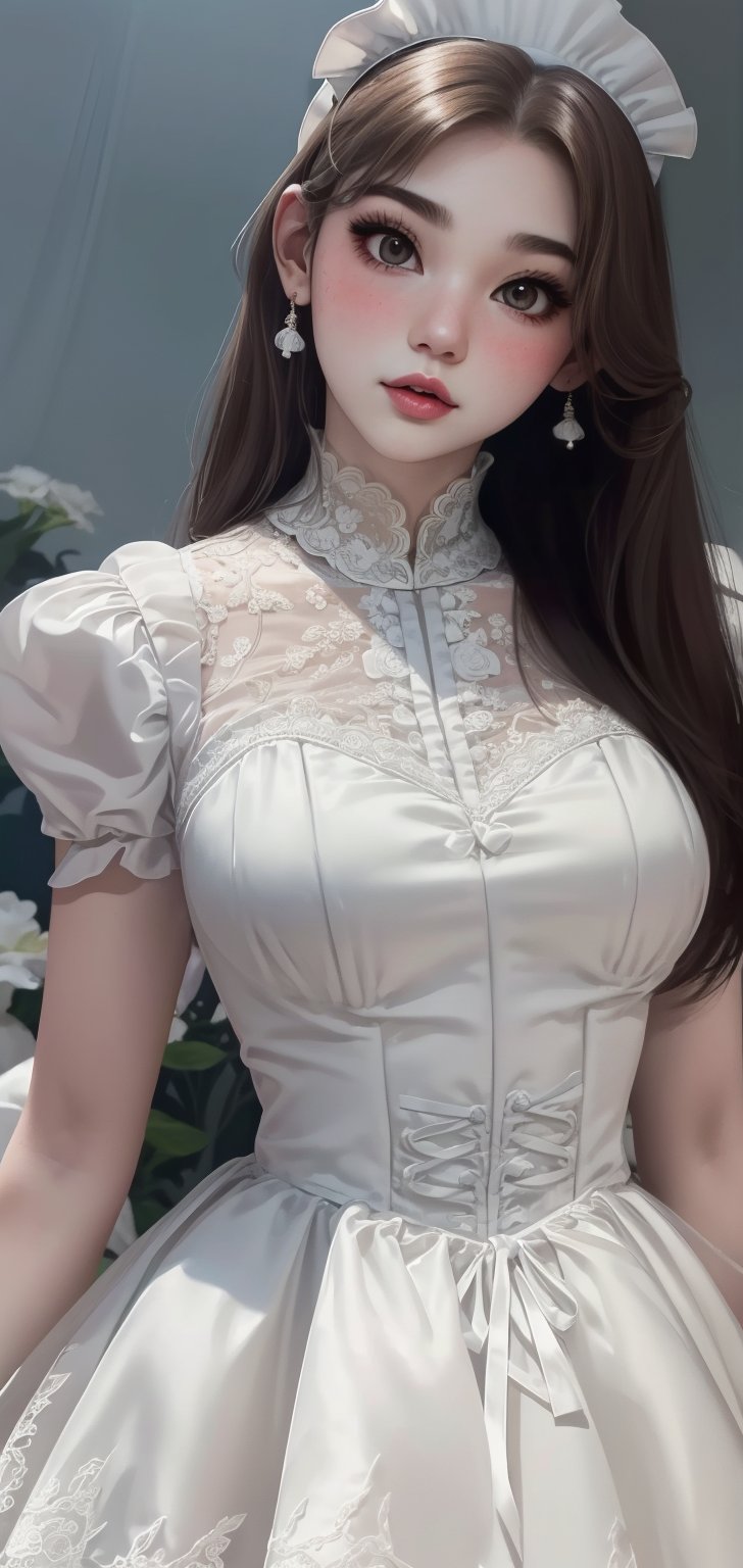 1girl,nsfw, lace porn dress, blush,iu,1 girl,jennie,jennie blackpink, see-through lace,big breasts,((((only wear white maid_dress)))), simple background,z1l4,n0t,milf
