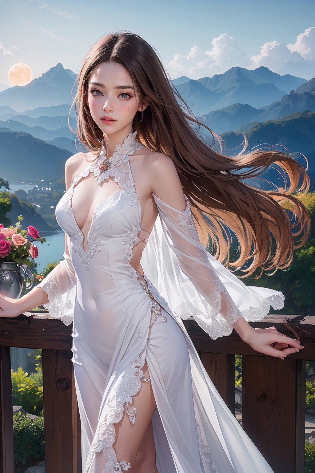 ultra detailed, (masterpiece, top quality, best quality, official art, perfect face:1.2), UHD, cinematic, (muted colors, dim colors), perfect face, perfect eyes, long-lenses photograph, realistic, 8K, 16K, with mountains and valleys, sun and the moon skimpy silhouettes romantically kissing in the sky that is both day wand night , heart, romance, ((flowers, light rose , Plumeria)), stunning light, wind is blowing, couple, (1girl shiny long hair, long dress:1.4), (1boy short hair style, smart costume :1.4), photorealistic, masterpiece, couple, romance, (detailed delicate intricate and ornated long emerald pink renaissance costume), (classic romance novels),Line art,FANTASY 