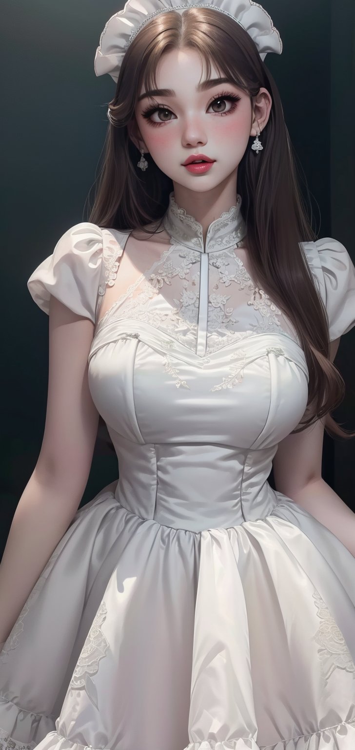 1girl,nsfw, lace porn dress, blush,iu,1 girl,jennie,jennie blackpink, see-through lace,big breasts,((((only wear white maid_dress)))), simple background,z1l4,n0t,milf
