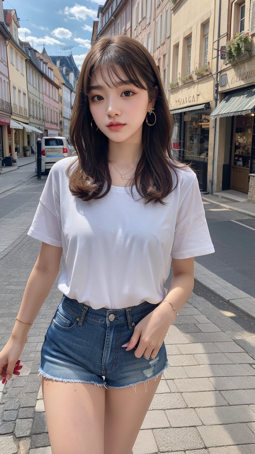 16 year old Korean woman, smiling, long brown hairstyle, simple and fashionable colorful T-shirt and shorts, blue jeans and sneakers, white sneakers, walking looking at the cityscape of Colmar, France, background, earrings , necklace, 150 cm, (Luanmei)