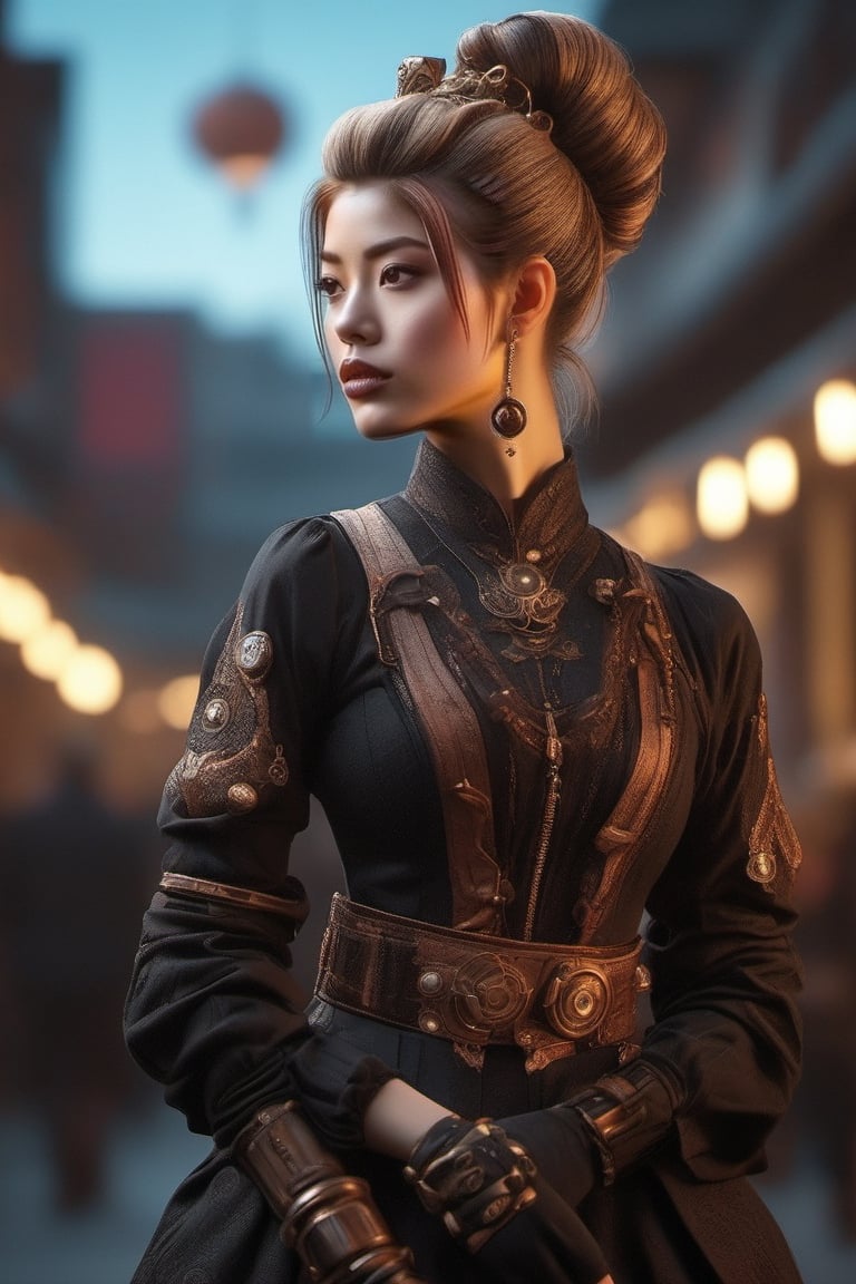 Features a live-action movie character in the style of "Jujutsu Kaisen", Full body, steampunk theme, Victorian era, centered, a young woman, ponytail hair, steampunk dress and accessories, dynamic free pose, vibrant color ,masterpiece artwork, 32k, dslr, uhd, professional photography, best quality, cinematic angle, realistic lighting,Cyberpunk geisha,mad-cyberspace,xxmix_girl