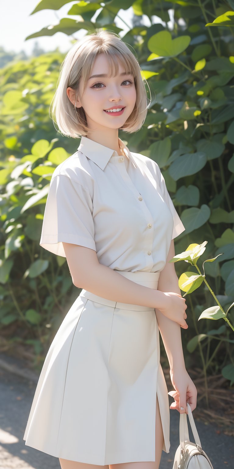 1girl, outdoors, (cowboy shot:1.2), smile, open mouth,  
momoshiro_chiyoko, yellow eyes, grey hair, short hair, white shirt, white skirt, , best quality, masterpiece, highres, 