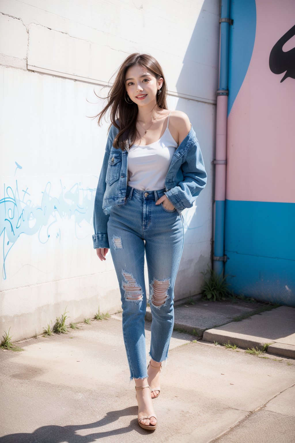 A beautiful girl, soft dark blonde long hair, A confident Japanese fashionista stands boldly against a multi colourful Graffiti background in america (street style graffiti). soft dark blonde hair cascading down her shoulder like a waterfall. She wears a denim jacket and baggy jeans, with large cargo pockets and straps on jeans, Her radiant smile beams under warm lighting, accentuating finely detailed eyes that sparkle with excitement. The full body view.