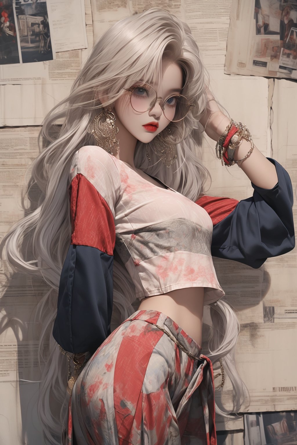  A beautiful teen girl with a skinny body, (white multi dreadlocks hair) , she is wearing a (red designed full sleeve top and designed Harem Pants), fashion style clothing. eye glasses, Her toned body suggests her great strength. The girl is dancing hip-hop and doing all kinds of cool moves.,Sohwa,medium shot