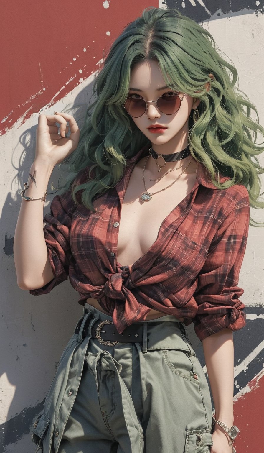  masterpiece art, 8k, (A beautiful teen girl with a skinny body), (green wavy hair) , she is wearing a (red designed checked shirt), (black designed cargo shorts), (waist knot belt), (flower choker), (red sunglasses), fashion style clothing. Necklace, jewelry, Her toned body suggests her great strength. The girl is dancing hip-hop and doing all kinds of cool moves.,columnar patch background,rGeometric pattern stitching background,shot from a distance,detailed art Sohwa,medium full shot,skinny,Detaileddace