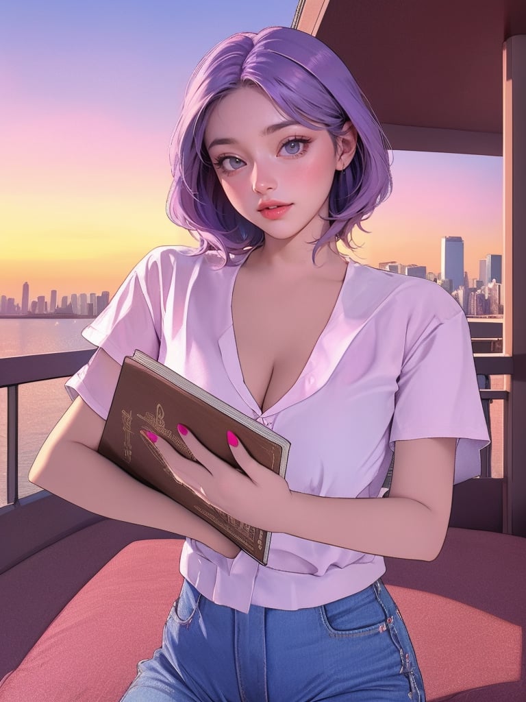 lustful, thigh up body, 1girl, ((masterpiece)), ((best quality)), (((photo Realistic))), A stunning, super-realistic 3D render of a young, twenty-year-old woman with violet hair, dark mascara, and pink lipstick. She wears a casual outfit of a white shirt and jeans, holding a sketchbook filled with names, hinting at her artistic or architectural talents. The background features a breathtaking city skyline, bathed in the warm hues of a vibrant sunset. This highly detailed 8K quality 3D image captures the essence of a cinematic, photo-like scene in the heart of the city.