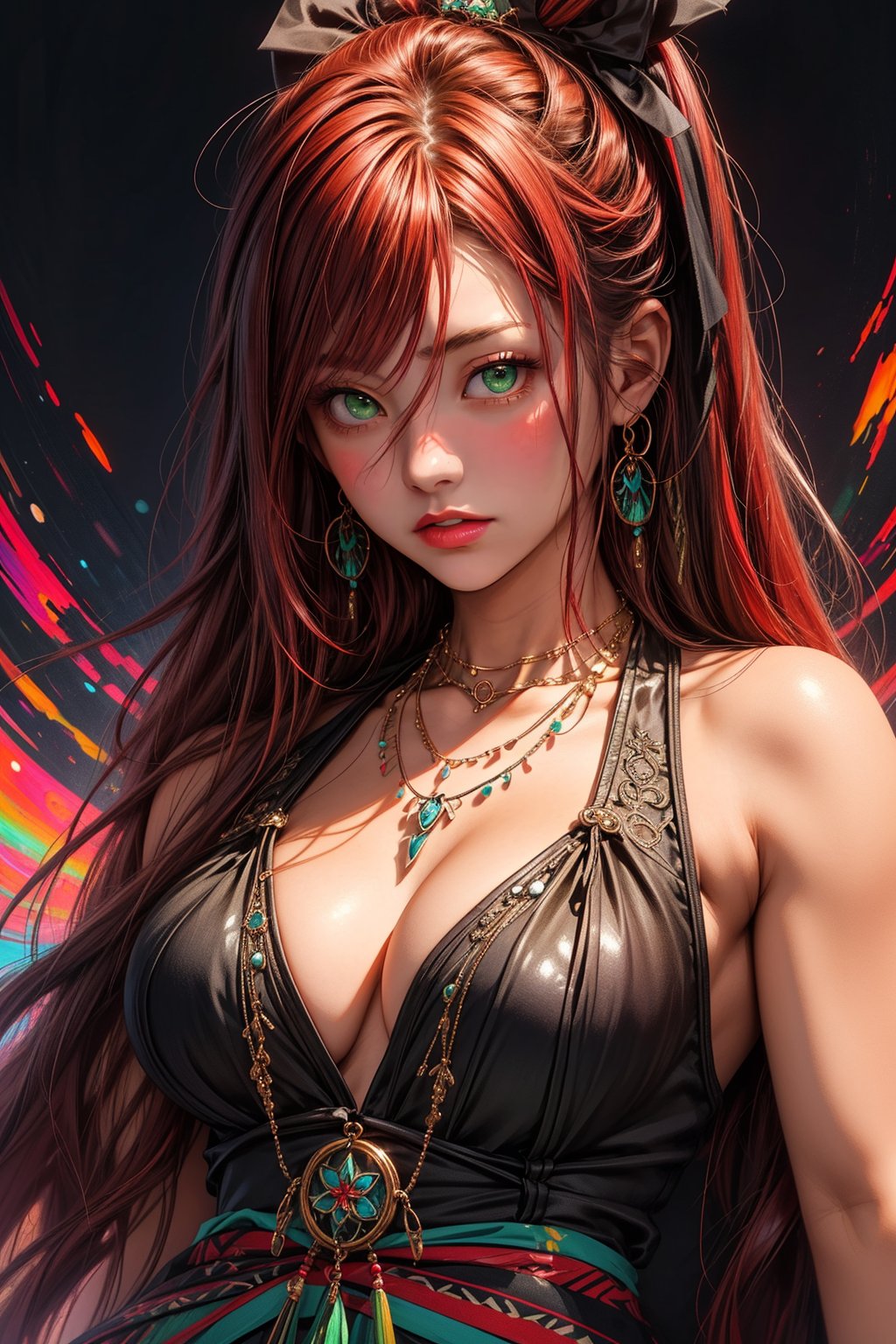 1girl, solo, Yukina, oil painting, impasto, looking at viewer, a young woman, 18 years old, red hair, long hair, green eyes, muscular body, big breasts, tribal necklace, urban psychedelic outfit, psychedelic  background, masterpiece, nijistyle, niji, ,sciamano240, soft shading, yukina