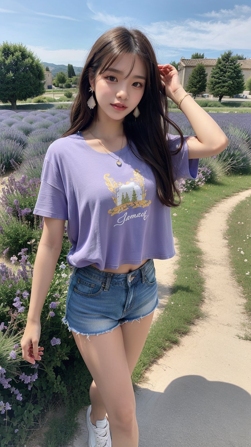 16 year old Korean woman, smiling, long brown hairstyle, simple and fashionable colorful T-shirt and shorts, blue jeans and sneakers, white sneakers, walking in a lavender field in Provence, France, background, earrings , necklace, 150 cm, (Luanmei)