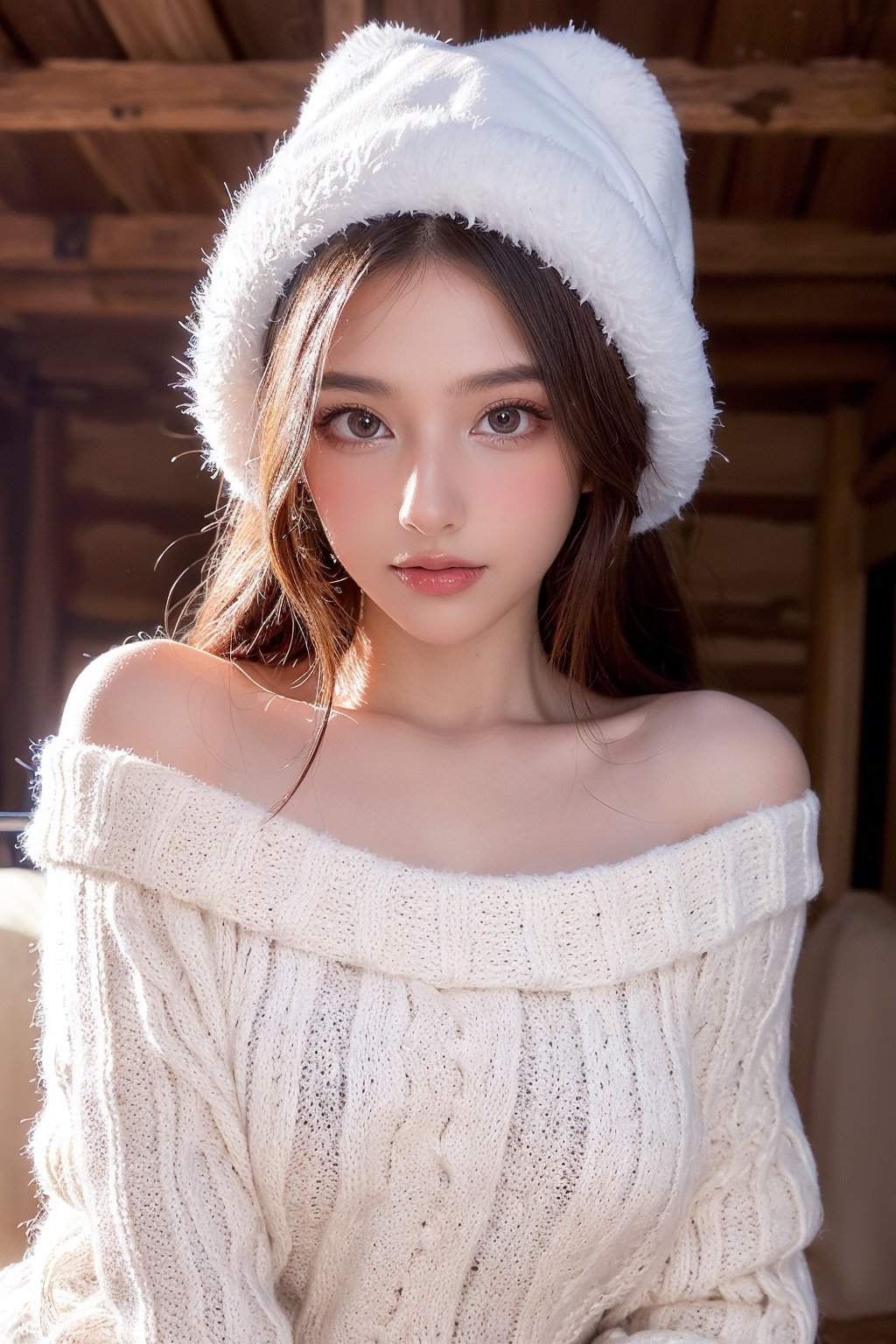 masterpiece, best quality, 8k HD, silky smooth skin, highest detailed eyes and face, ultra realistic, extremely high resolution, depth of field, In a cabin on the top of a mountain covered with snow in winter, a beautiful girl wearing a woolen hat and elegant winter clothes. Her contented expression seems to warm the cold air.,3va,realhands, close to the face, half-dressed, sexy pose, sheer, off-shoulder