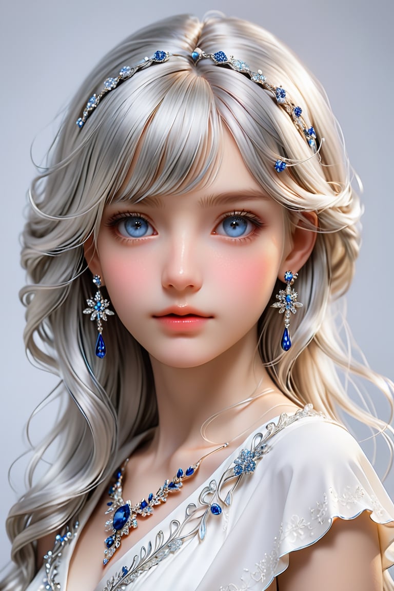 a silver hair girl, portrait, delicately rendered but majestically scaled jewelry hair ornament, medium hair, silver hair ornament, (beautiful straight hair), bangs, jewelry, earrings. white dress, (masterpiece, top quality, best quality, official art, beautiful and aesthetic:1.2), (1girl:1.4), portrait, extreme detailed, highest detailed, simple background, 16k, high resolution, perfect dynamic composition, (sharp focus:1.2), super wide angle, high angle, high color contrast, medium wide shot, depth of field, blurry background, look at viewer, cinematic lighting, highest detailed eyes, DonMM1y4XL,Extremely Realistic