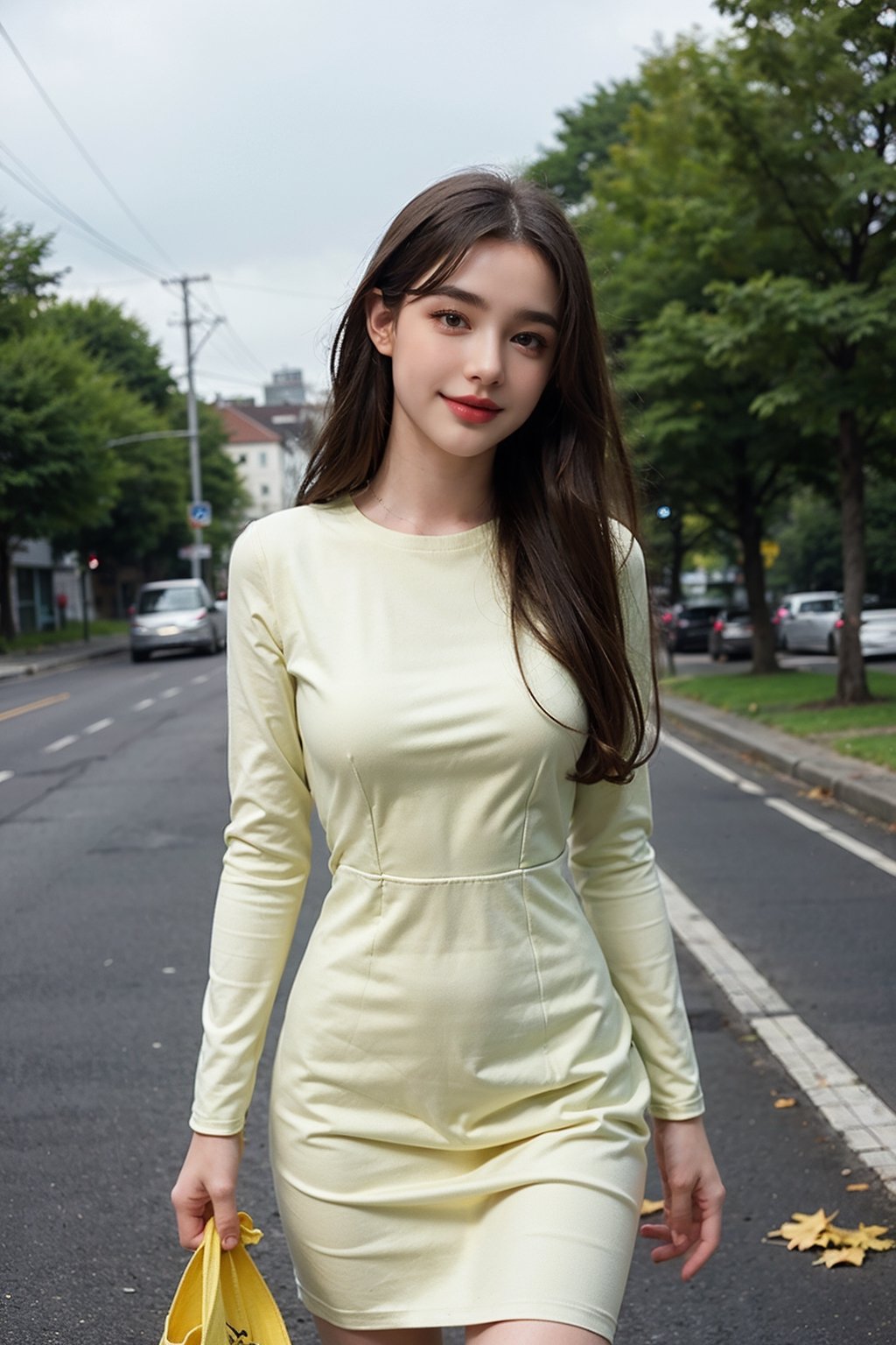 1girl, solo, long hair, looking at viewer, smile, black hair, brown eyes, upper body, black eyes, lips,  v, realistic, red lips, Standing, Wearing an autumn cotton dress, standing on a street with yellow fallen leaves, with passers-by in the distance, dynamic angle, wind flowing, messy hair, beaming face, beautiful, sks woman