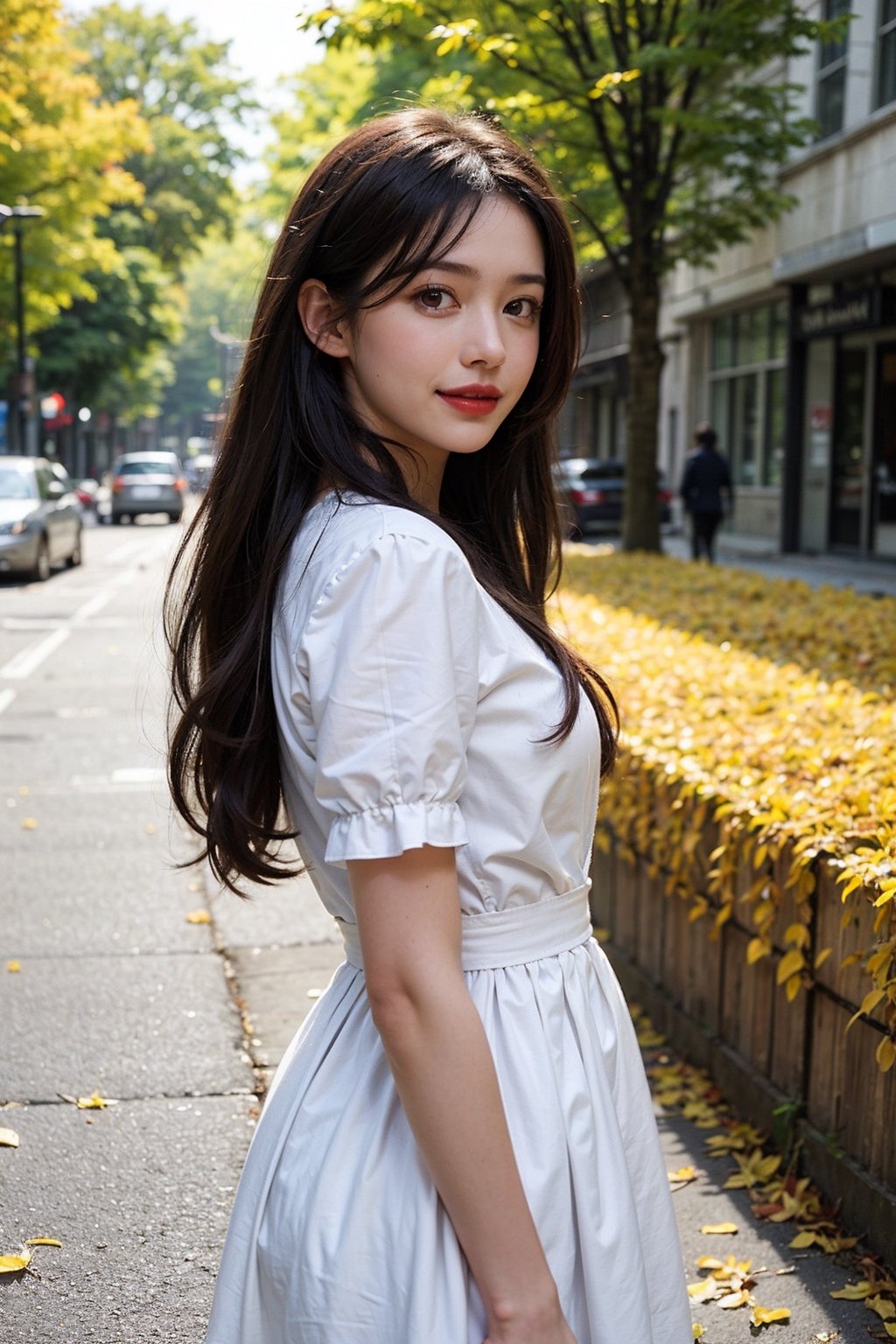 1girl, solo, long hair, looking at viewer, smile, black hair, brown eyes, upper body, black eyes, lips,  v, realistic, red lips, Standing, Wearing an autumn cotton dress, standing on a street with yellow fallen leaves, with passers-by in the distance, dynamic angle, wind flowing, messy hair ,sks woman