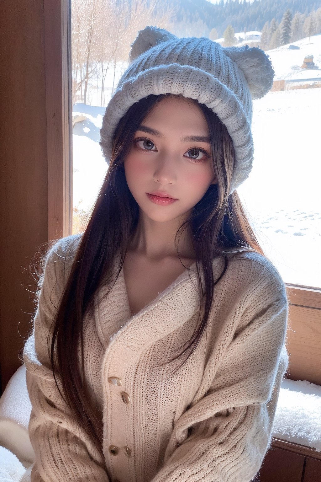 masterpiece, best quality, 8k HD, silky smooth skin, highest detailed eyes and face, ultra realistic, extremely high resolution, depth of field, In a cabin on the top of a mountain covered with snow in winter, a beautiful girl wearing a woolen hat and elegant winter clothes. Her contented expression seems to warm the cold air.,3va,realhands, close to the face, half-dressed