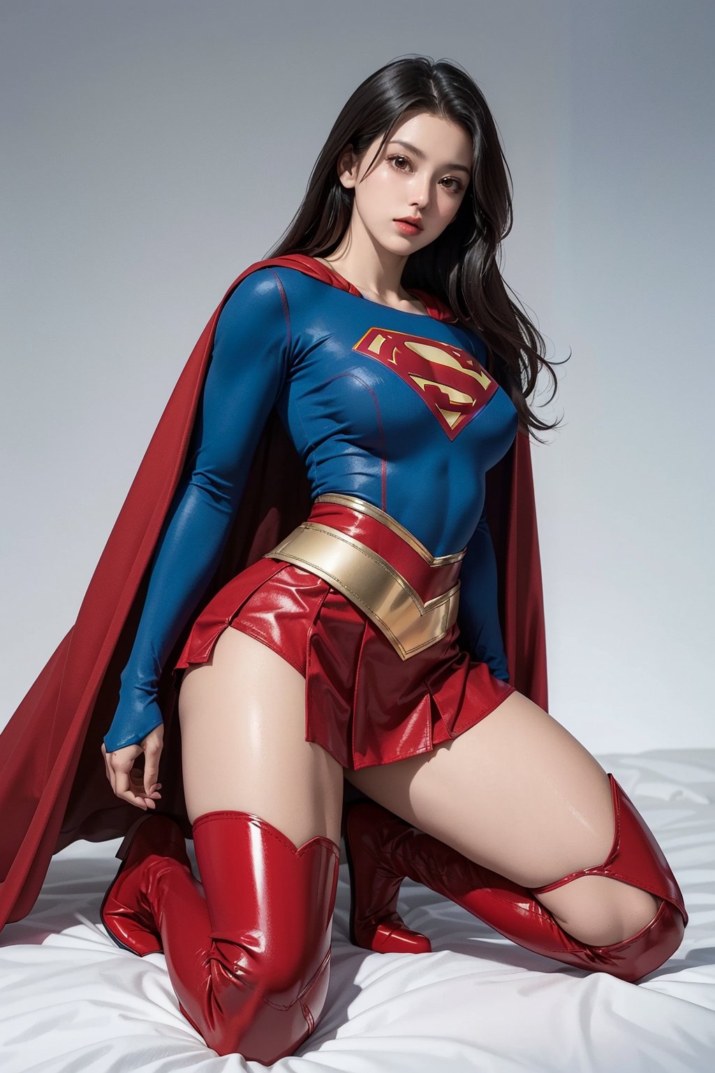 1girl, long black hair,supergirl,wearing Supergirl's blue tight uniform,perfect,red Boots higher than knees,Red miniskirt,Red long cape,full body,Bright colors,Bright red Boots, red miniskirt,Boots over the knee,Clothes are tied to skirts,Red miniskirt,Female model posen,Red over-the-knee pointed high-heeled boots,full body,full body,tall girl,long boots,Red long cape,Boots longer than legs,Don't show belly,Extremely long tip boots,red skirt,full body,supergirl's tight suit,can't show your knees,can't show belly button,Must be a long red cloak and a red miniskirt,Boots must exceed the knee,The skirt and uniform have Supergirl's gold belt at the connection,full body,Pure white background,black long hair,Female masturbationKneeling on the bed and masturbating