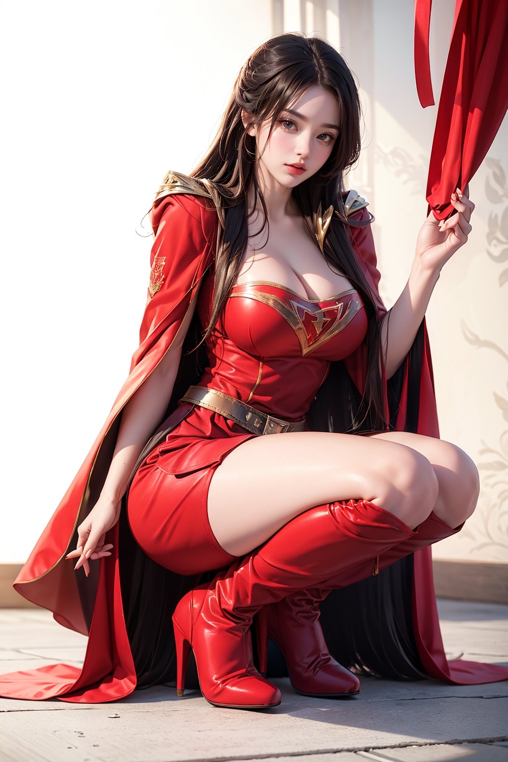 Supergirl, Red knee-high heel boots, Supergirl's tight uniform, Red miniskirt, The red cloak, White background, Whole body, Giant chests, Chinese girl, full body, Squatting on the ground masturbating,Red knee-high heel boots,Supergirl even wears the system.