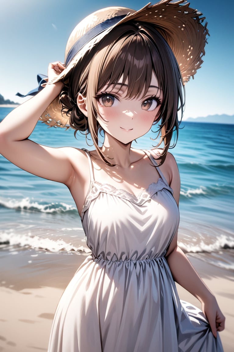 masterpiece,best quality,high quality,absurdres,highres,beautiful face,HDR,RAW photo,4k,super fine illustration,extremely detailed CG unity 8k wallpaper,clear picture,1 girl,teenage,smile,bronze hair,folded ponytail,dark brown eyes,white dress, straw hat,beach