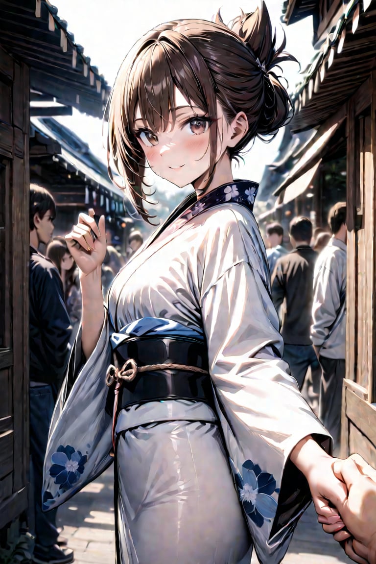 masterpiece,best quality,high quality,absurdres,highres,beautiful face,HDR,RAW photo,4k,super fine illustration,extremely detailed CG unity 8k wallpaper,clear picture,1 girl, side view,looking at viewer,1boy,(holding hand),teenage,smile,bronze hair,folded ponytail,dark brown eyes,flower pattern kimono,white kimono,floral collar,shiny skin,outdoors,festival,scenery