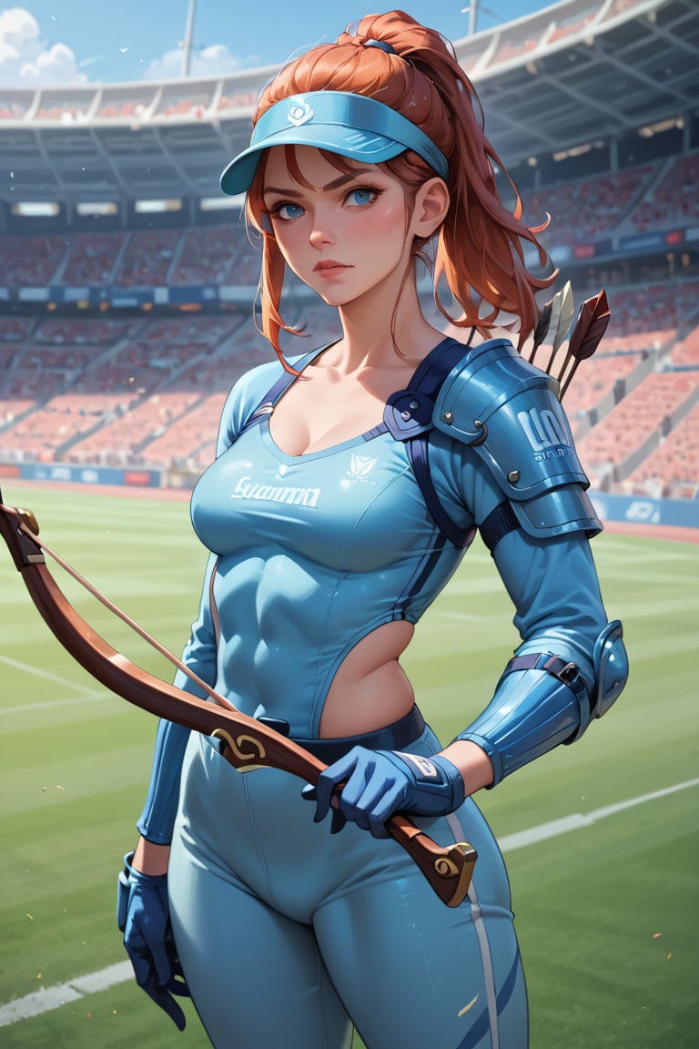 score_9, score_8_up, score_7_up, score_6_up, BREAK source_cartoon, 1girl, archery, arrow (projectile), pants, bow (weapon), chest guard, long sleeves, playing sports, gloves, solo, stadium, visor cap