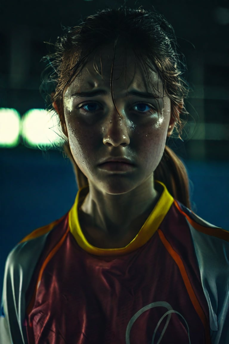 a lowkey portrait of a girl sad, wearing a sport uniform she is lose in the olympic image is dark and photorealistic