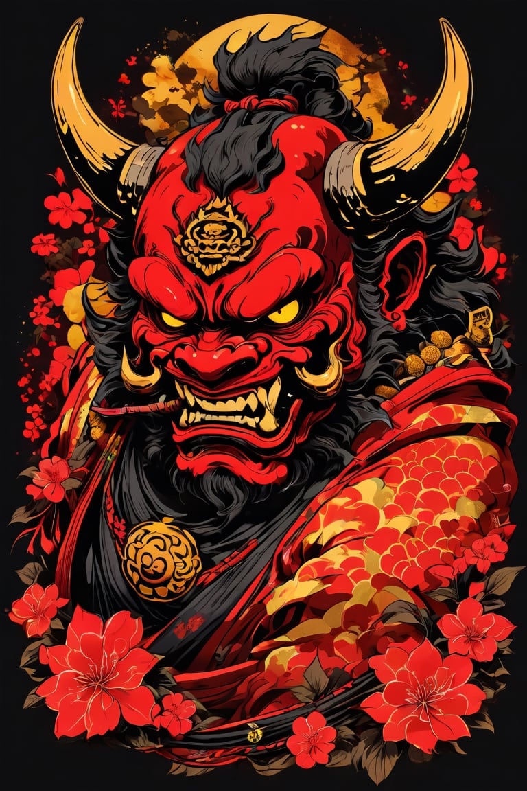 a simple image and silhouette for t-shirts ((Face only)), Yōkai, Gyūki, a yokai from Japanese folklore, the face of an red oni ogre, surrounded by sakura flowers, two sharp yellow horns, huapighost,oni style on a black background