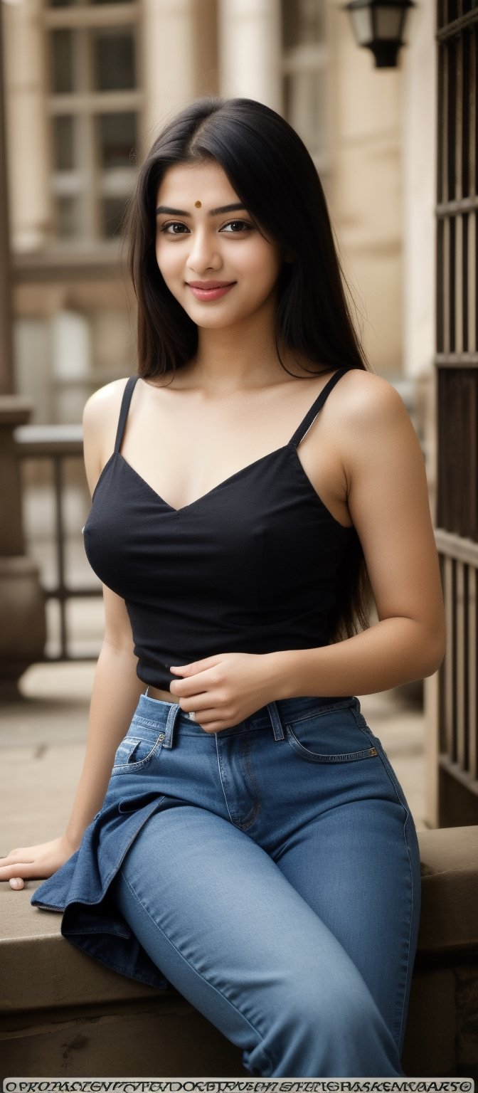 (masterpiece), 1girl, long hair, black hair, (smile:0.5), dress,Indian Model, jeans, 18 years