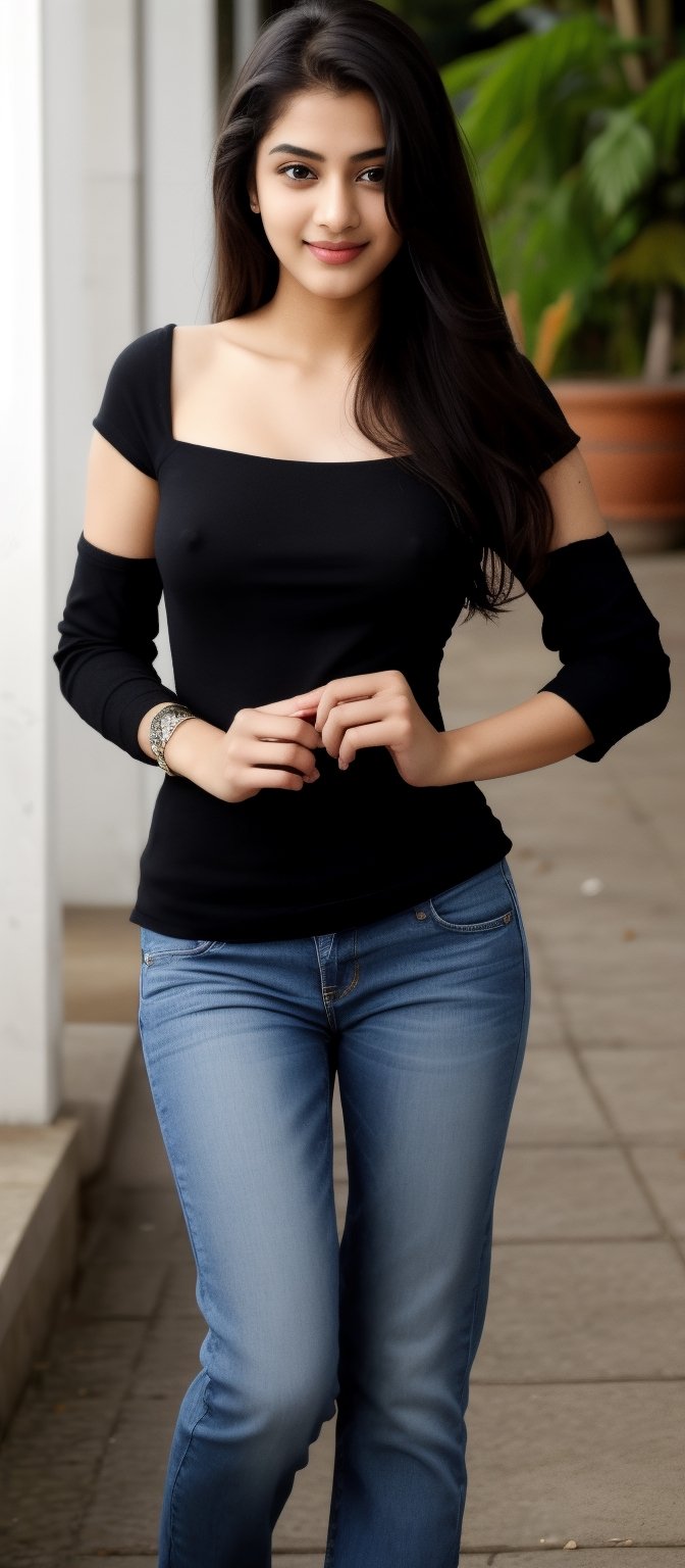 (masterpiece), 1girl, long hair, black hair, (smile:0.3), dress,Indian Model, jeans top, 16 years