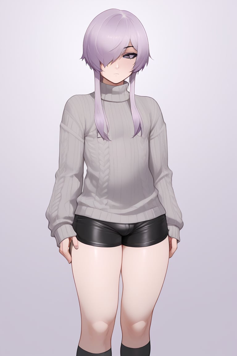 long lavender hair femboy,gray sweater,black shorts,black socks