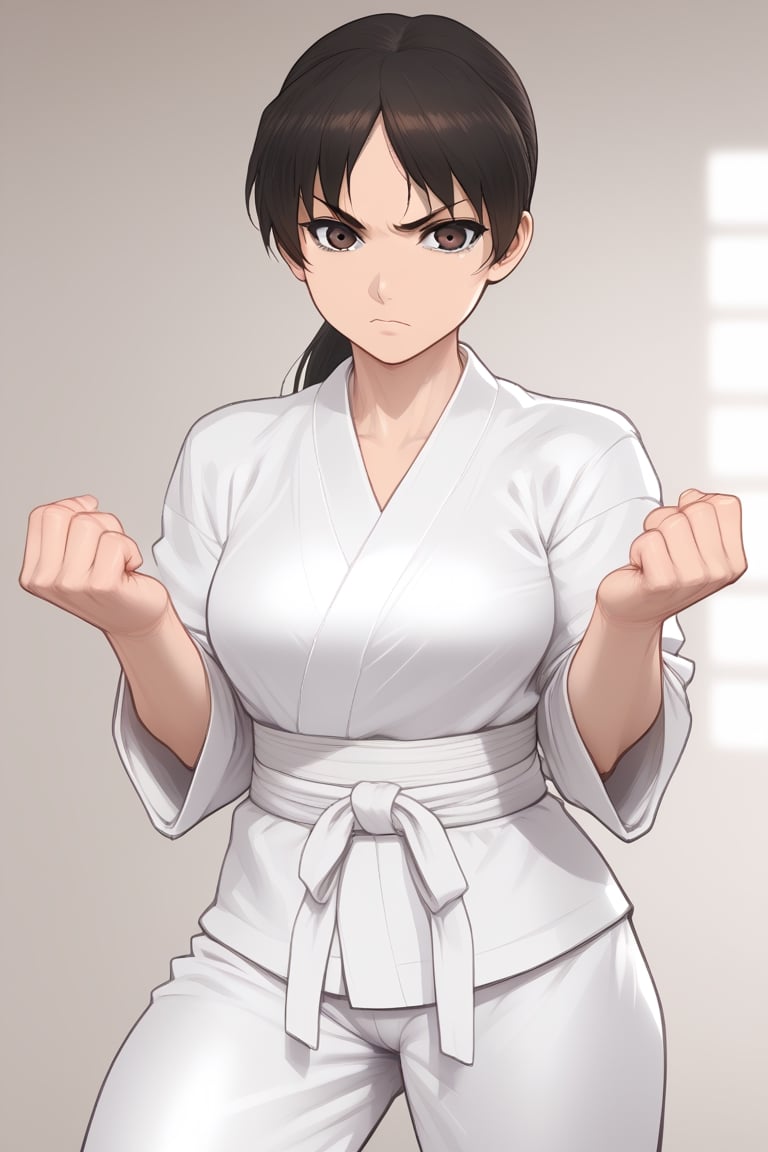 girl with long black hair and brown eyes, wearing a black karate gi