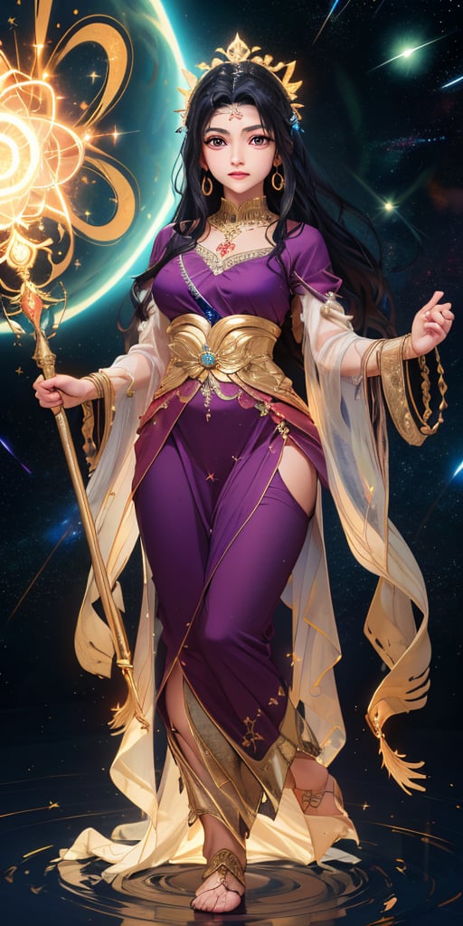 In a breathtaking dawn of time, near the edge of the galaxy where stars and galaxies coalesce, the divine goddess descends onto a mystical realm. The star-born goddess, imbued with the essence of grace, stands tall, her ethereal aura radiating an otherworldly glow. Wielding the ancient power of lost magic, she assumes a regal pose, her delicate fingers grasping the cosmic staff. Against a backdrop of swirling nebulae and distant stars, this fantasy masterpiece unfolds, as the goddess's celestial form is bathed in an ambient light that seems to pulse with the rhythm of creation itself.