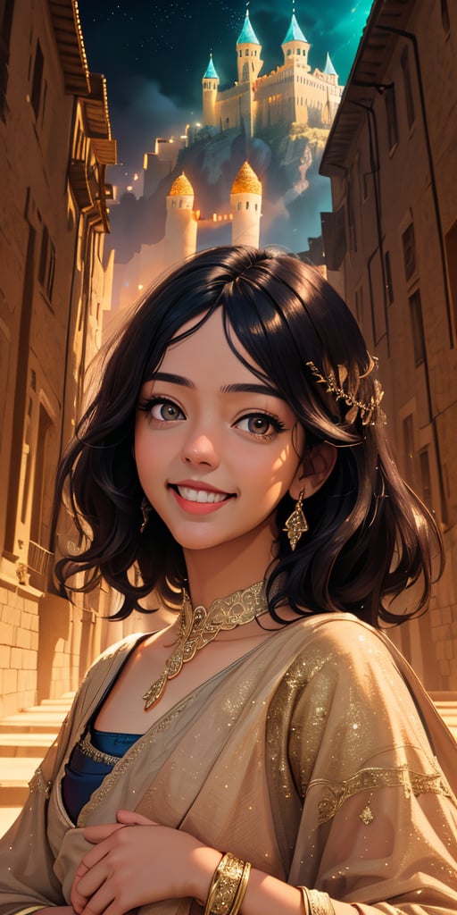 women,beautiful face, smiling , sari, castle, lighting magic,cinematic .masterpiece high res ,detailed, 3k 