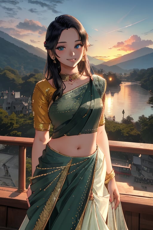 women ,gorgeous, beautiful face, 2 piece lehenga, sexy, magic castle , lighting  sky , ruined mountains ,smiling ,, sunset fantasy , masterpiece , sharp eyes, detailed,highres, anime