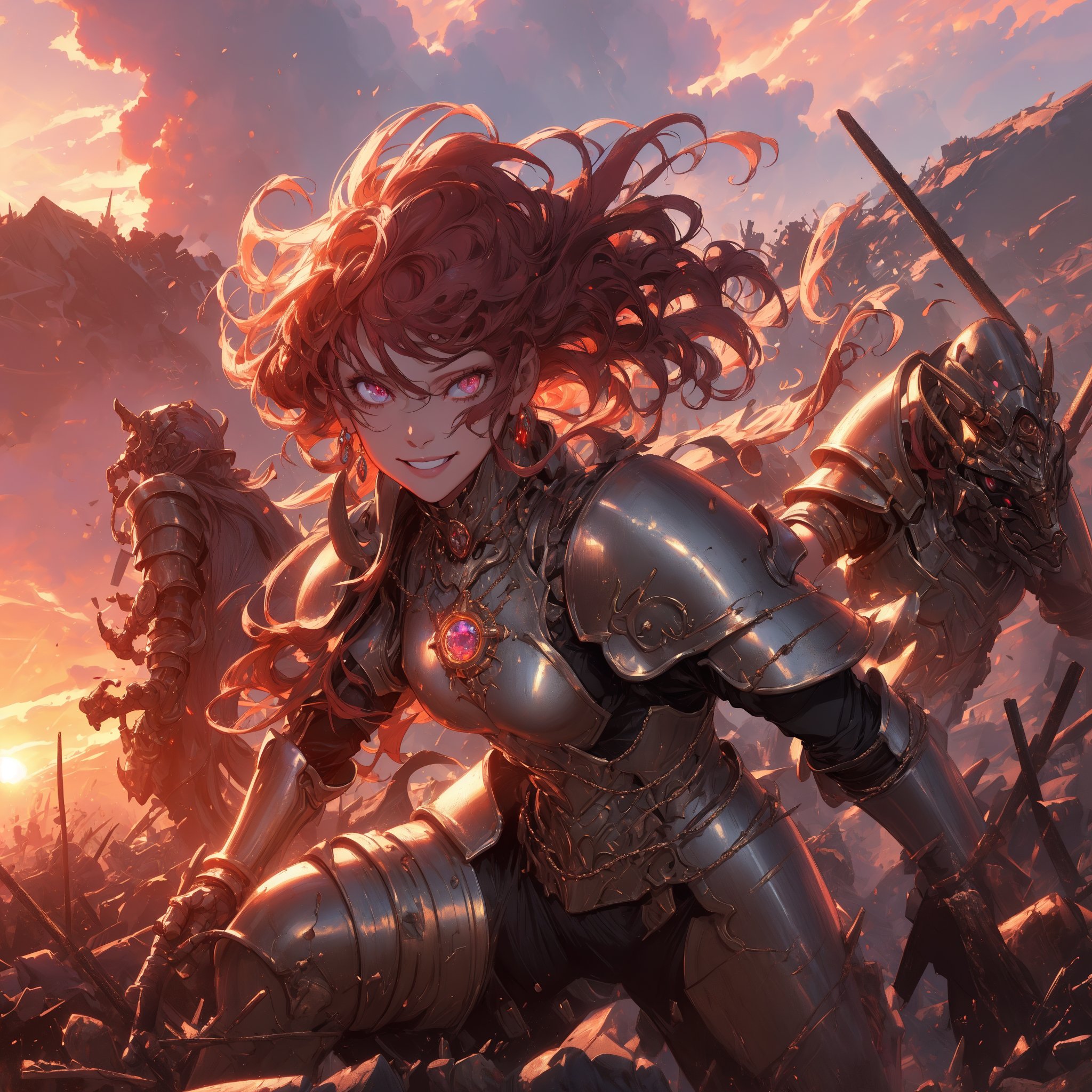 woman, beauty , smiling  , ,warrior , armour ,, magic circle in background , ruined  battlefield , sunset ,detroyed moutain ,apocalyptic ,,fantasy , masterpiece , sharp eyes, detailed,highres, realistic, jewelry,anime ,detailed 2k, masterpiece