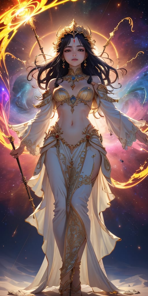 In a vivid dawn-of-time scenario, a divine goddess descends onto a mystical realm, her star-born essence glowing ethereal. Standing tall, she radiates an otherworldly aura against a swirling nebula backdrop, distant stars twinkling softly. The goddess assumes a regal pose, delicate fingers grasping the cosmic staff, bathed in ambient light pulsing with creation's rhythm.