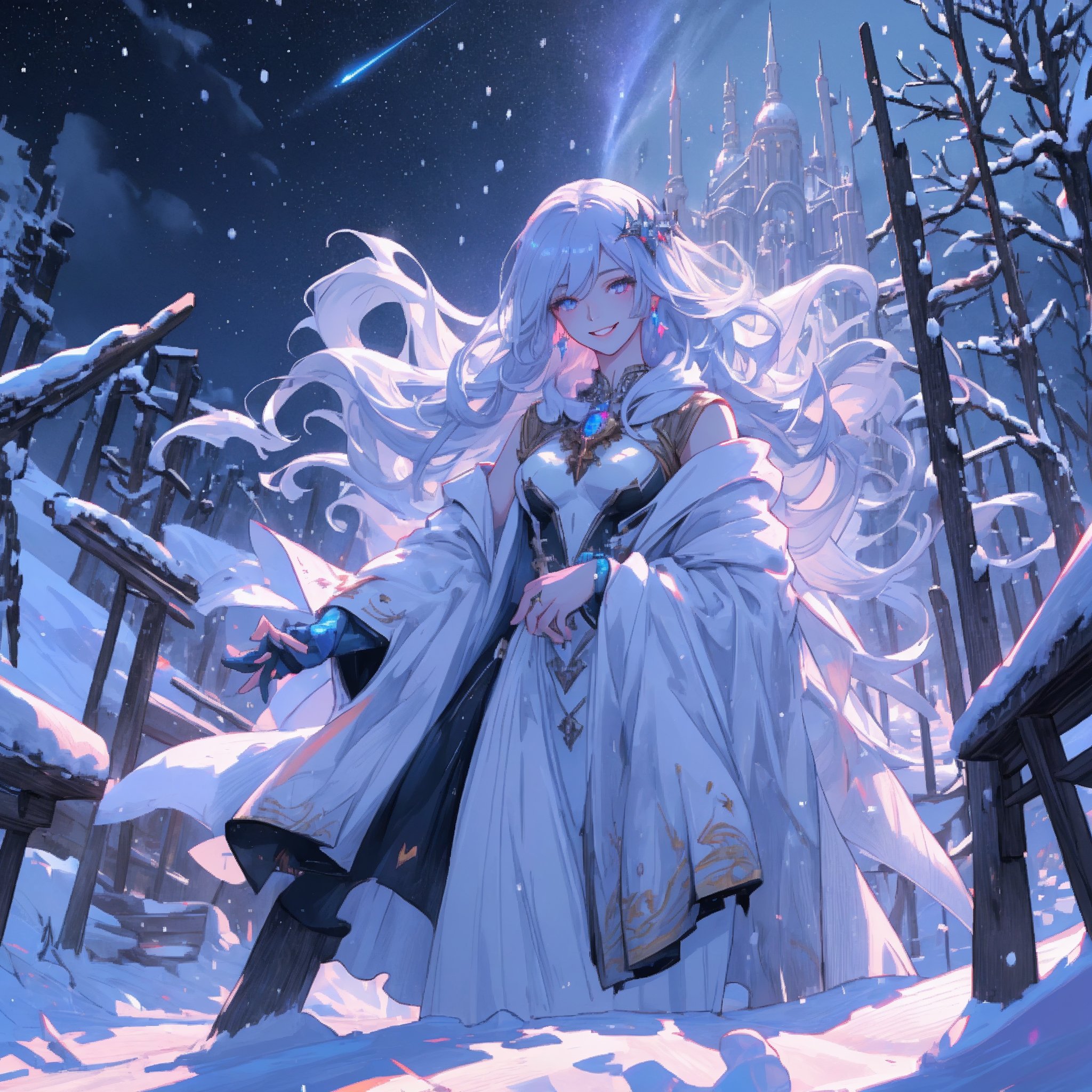 woman, beauty , smiling ,sorceress casting .divine magic , snow background , ruined  battlefield , night sky ,destroyed mountain ,apocalyptic ,,fantasy , masterpiece , sharp eyes, detailed,highres, realistic, jewelry,anime ,detailed 2k, masterpiece