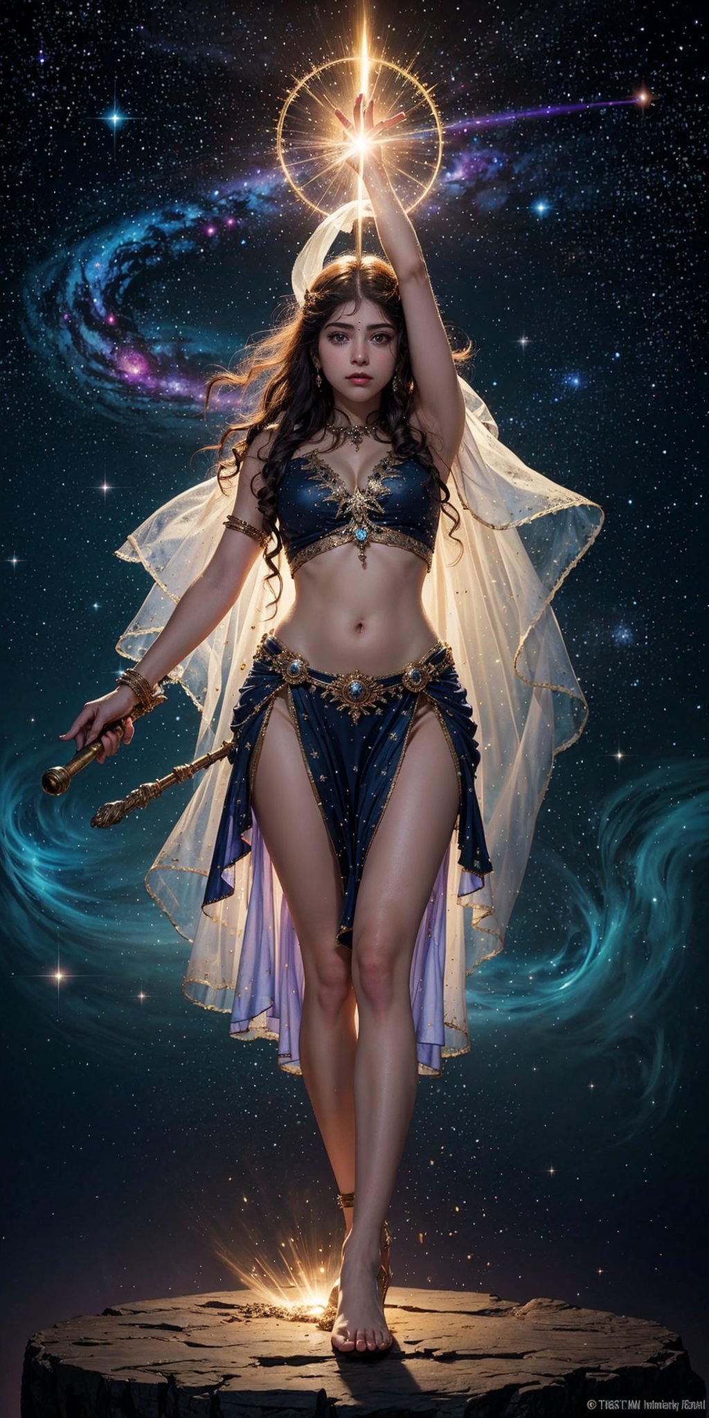 In a breathtaking dawn of time, near the edge of the galaxy where stars and galaxies coalesce, the divine goddess descends onto a mystical realm. The star-born goddess, imbued with the essence of grace, stands tall, her ethereal aura radiating an otherworldly glow. Wielding the ancient power of lost magic, she assumes a regal pose, her delicate fingers grasping the cosmic staff. Against a backdrop of swirling nebulae and distant stars, this fantasy masterpiece unfolds, as the goddess's celestial form is bathed in an ambient light that seems to pulse with the rhythm of creation itself.