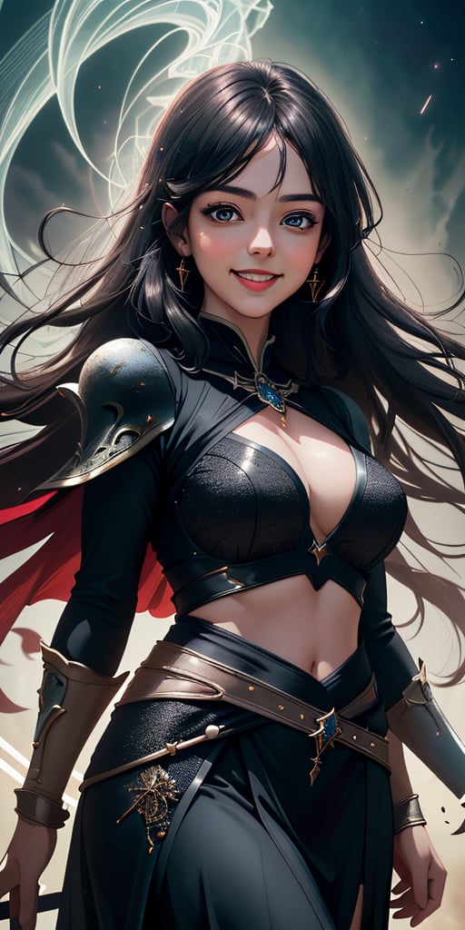 A radiant divine sorceress stands victorious on a fantasy battlefield, her beautiful face aglow with a warm smile. She wears an elegant 2-piece black dress shining radiating dark magic  , weilding lighting . Her beauty is breathtakingly detailed, as if rendered in high-res glory at 3K resolution.