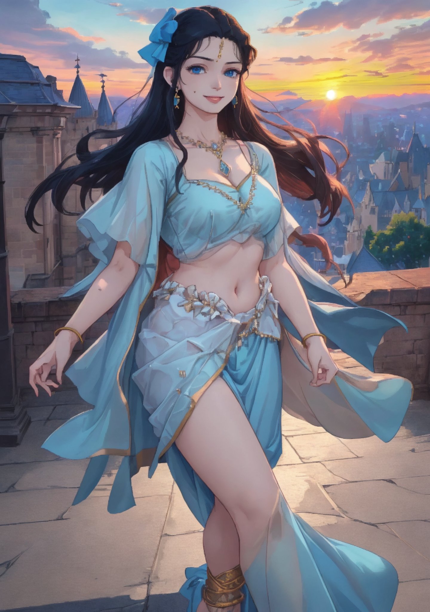 woman, beauty , smiling , .divine magic ,blue elegant outfit dancer ,,   castle, sunset, ,,fantasy , masterpiece , sharp eyes, detailed,highres, realistic, jewelry,anime ,detailed face , 8k, masterpiece,anime