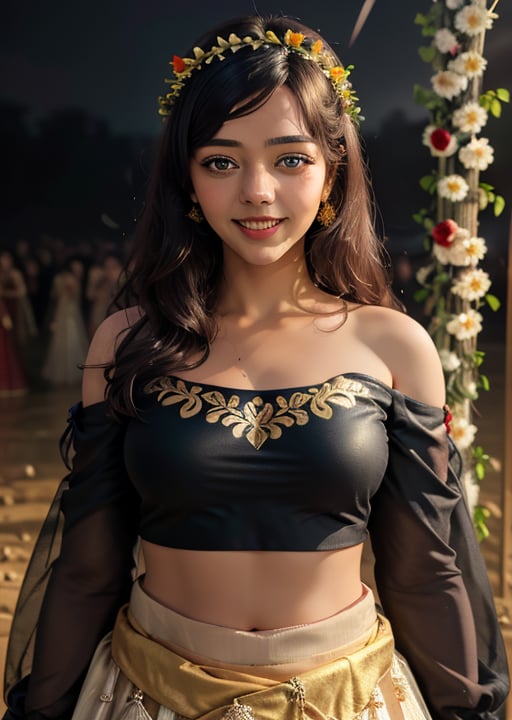 solo ,women,beautiful face, smiling , hot, lehenga,black top,glistening golden border, net sleeves, cold shoulder,red skirt, hand work,flower design on skirt, garland over head, flower crown, , ,dark lighting, ,battlefield,dark magic,standing pose, cinematic .masterpiece high res ,detailed, 8k 