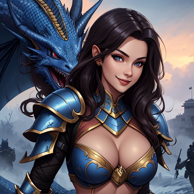 lalithat,woman ,detailed,beautiful face, beautiful,blue dragon armour ,busty ,sexynavel smiling for picture, battlefield ,  ,masterpiece, highres,detailed, , ,Masterpiece 