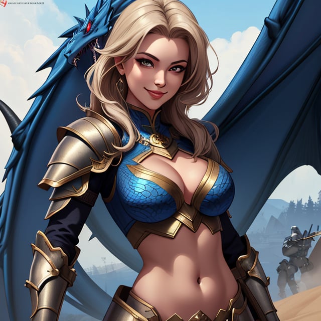 lalithat,woman ,detailed,beautiful face, beautiful,blue dragon armour ,busty ,sexynavel smiling for picture, battlefield ,  ,masterpiece, highres,detailed, , ,Masterpiece 