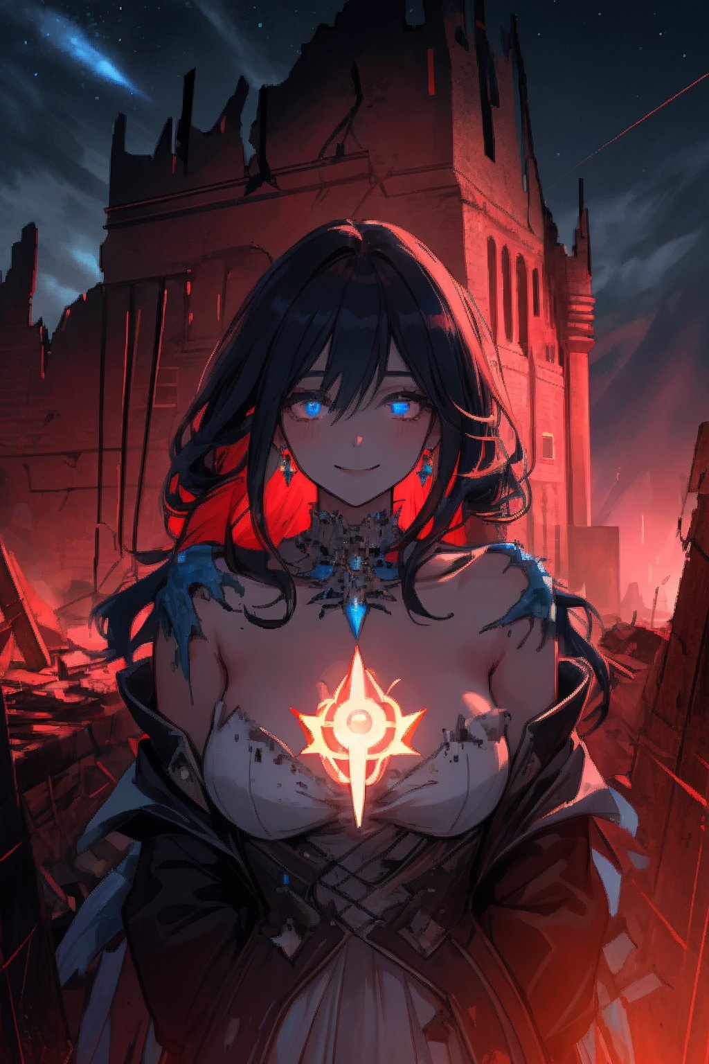 In a ravaged apocalyptic landscape, a stunning blue sorceress stands amidst the ruins of a once-majestic castle, bathed in the soft glow of the night sky. Her divine magic radiates from her sharp, piercing eyes as she smiles serenely, adorned with intricate jewelry and boasting a face so detailed it seems almost lifelike. The ruined castle's crumbling walls serve as a haunting backdrop for this 8K masterpiece, rendered in breathtaking high-resolution detail.