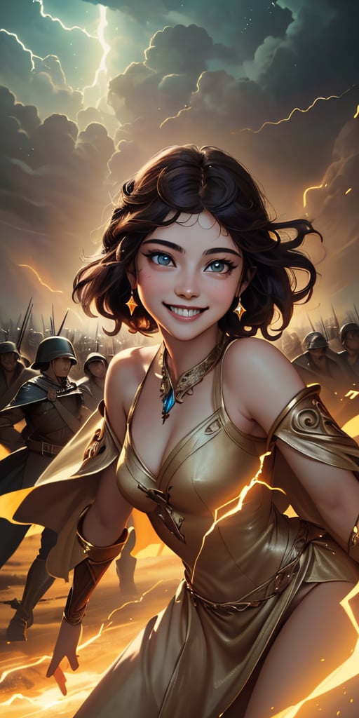 women,beautiful face, smiling , divine goddess,battlefield,lighting magic,cinematic .masterpiece high res ,detailed, 3k 