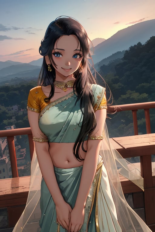 women ,gorgeous, beautiful face, 2 piece lehenga, sexy, magic castle , lighting  sky , ruined mountains ,smiling ,, sunset fantasy , masterpiece , sharp eyes, detailed,highres, anime