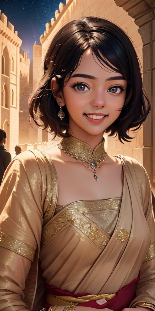 women,beautiful face, smiling , sari, castle, lighting magic,cinematic .masterpiece high res ,detailed, 3k 