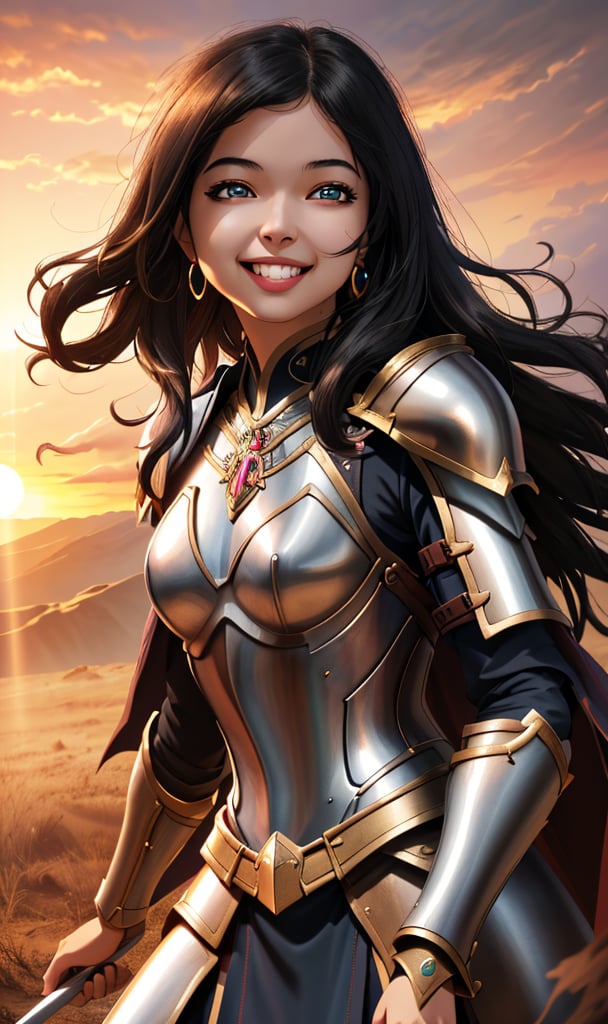 woman, mouk beauty , smiling  , ,warrior , armour ,, magic circle in background  ruined  battle  , sunset ,horizon apocalyptic ,,fantasy , masterpiece , sharp eyes, detailed,highres, realistic, jewelry,anime ,detailed 2k, masterpiece