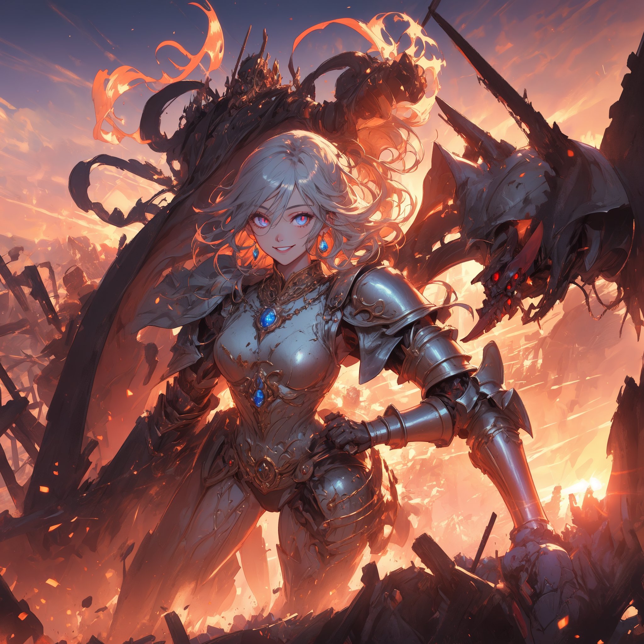 woman, beauty , smiling  , ,warrior , armour ,, magic circle in background , ruined  battlefield , sunset ,detroyed moutain ,apocalyptic ,,fantasy , masterpiece , sharp eyes, detailed,highres, realistic, jewelry,anime ,detailed 2k, masterpiece