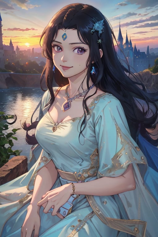 woman, beauty , smiling , .divine magic ,blue elegant dress princess,,   castle, sunset, ,,fantasy , masterpiece , sharp eyes, detailed,highres, realistic, jewelry,anime ,detailed face , 8k, masterpiece,anime full length