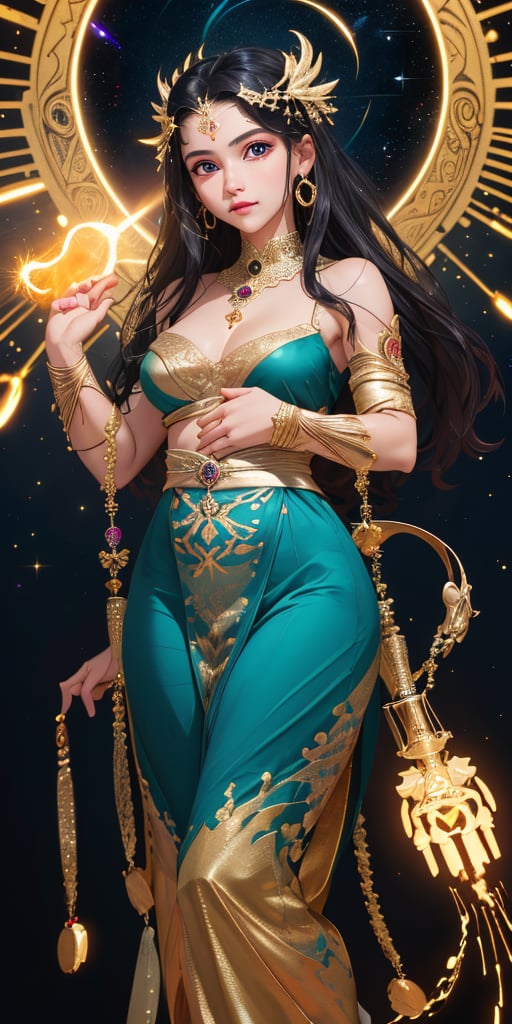 In a breathtaking dawn of time, near the edge of the galaxy where stars and galaxies coalesce, the divine goddess descends onto a mystical realm. The star-born goddess, imbued with the essence of grace, stands tall, her ethereal aura radiating an otherworldly glow. Wielding the ancient power of lost magic, she assumes a regal pose, her delicate fingers grasping the cosmic staff. Against a backdrop of swirling nebulae and distant stars, this fantasy masterpiece unfolds, as the goddess's celestial form is bathed in an ambient light that seems to pulse with the rhythm of creation itself.